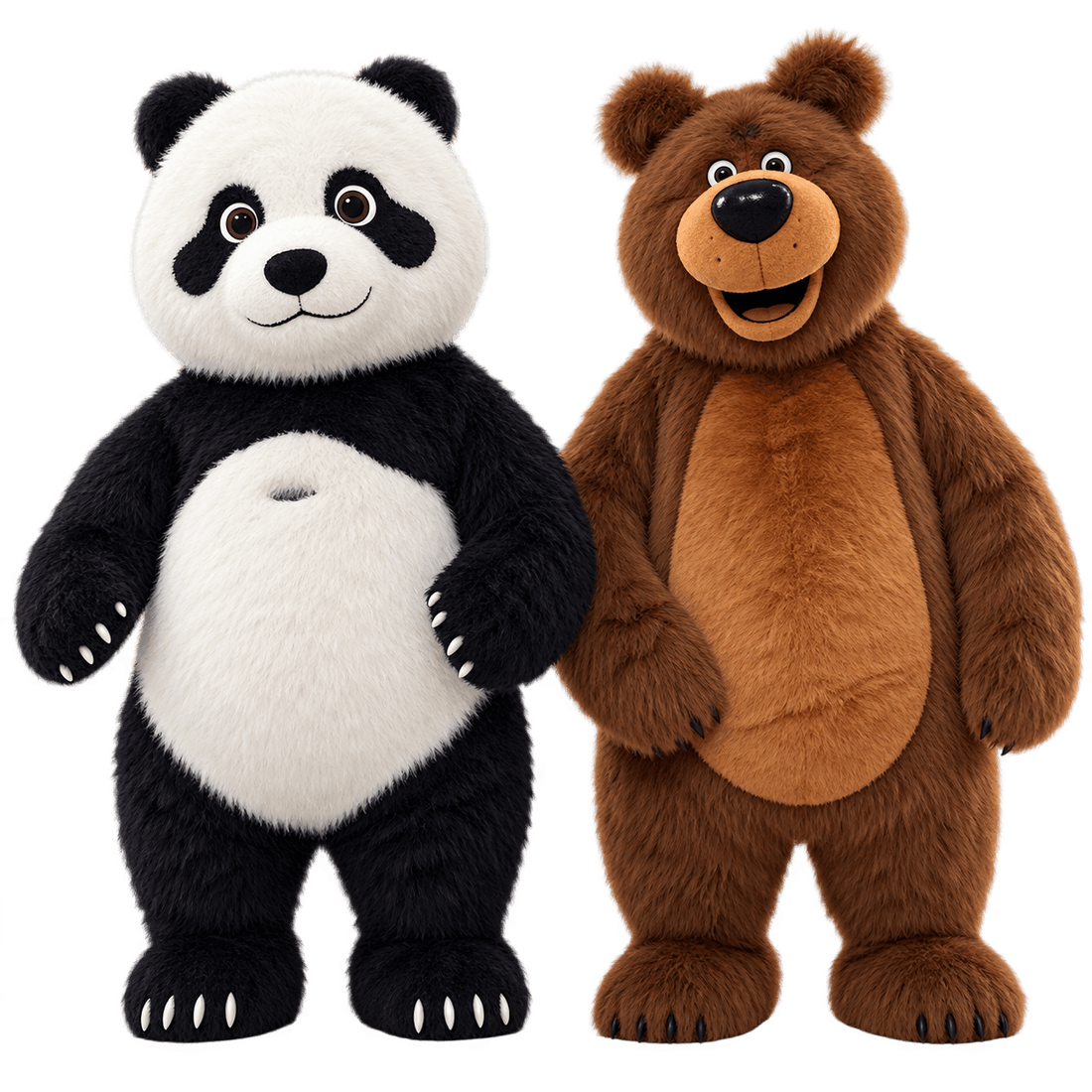 DK Kreation's plush panda and bear mascots standing side by side